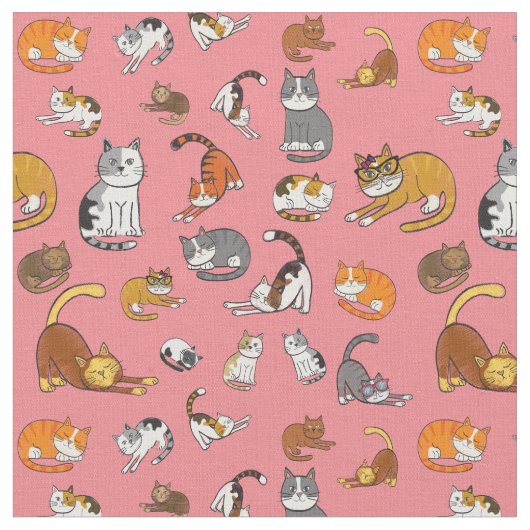 可愛い猫パターンデザイン猫好き- pink backg ファブリック (クローズアップ)