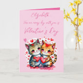 可愛い猫パーソナライズされたがピンク・バレンタイン カード (黄色い花)