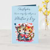 可愛い猫パーソナライズされたがブルーバレンタイン カード (黄色い花)