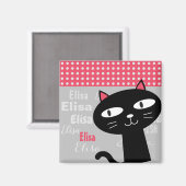 可愛い猫ピンクの水玉模様パーソナライズされた名 マグネット (正面/裏面)