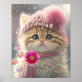 可愛い猫ピンクニットスカーフハットパーソナライズされたフローラ ポスター (正面)