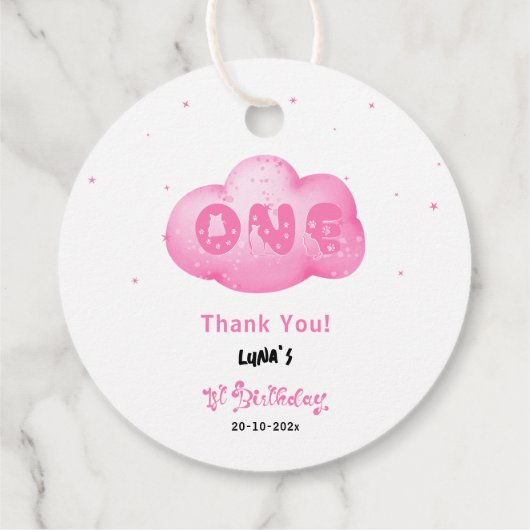 可愛い猫フォント水彩桃色クラウド1回目の誕生日 フェイバータグ (裏面)
