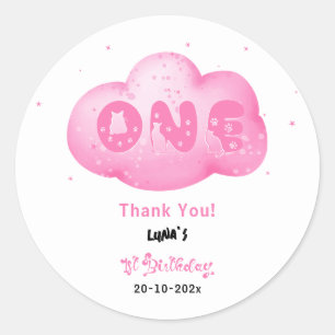 可愛い猫フォント水彩桃色クラウド1回目の誕生日 ラウンドシール