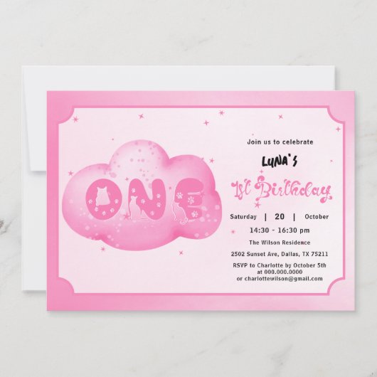 可愛い猫フォント水彩桃色クラウド1回目の誕生日 招待状 (正面)