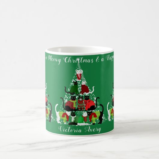 可愛い猫ミオウィクリスマスツリーパーソナライズされた コーヒーマグカップ (中央)