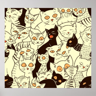 可愛い猫ヴィンテージ壁紙パターン ポスター