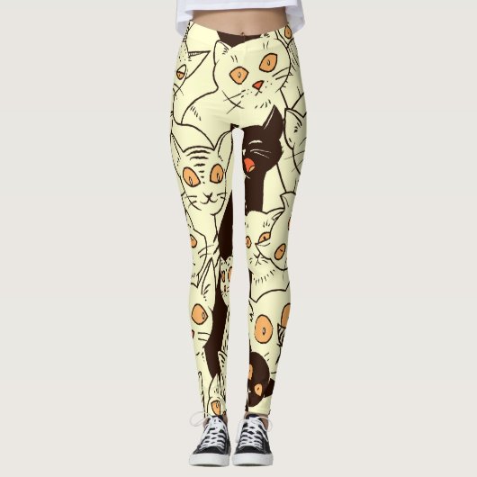 可愛い猫ヴィンテージ壁紙パターン レギンス (正面)