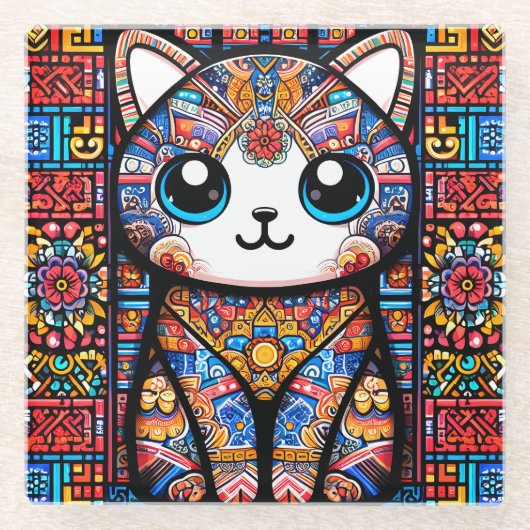 可愛い猫伝統的柄チャーム ガラスコースター (正面)