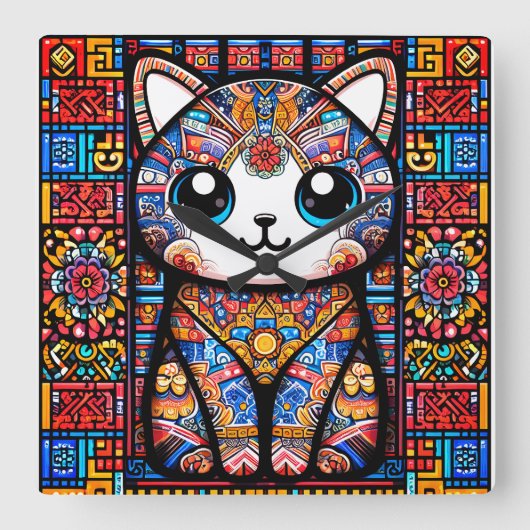 可愛い猫伝統的柄チャーム スクエア壁時計 (正面)