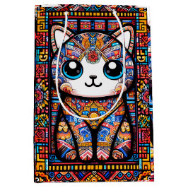 可愛い猫伝統的柄チャーム ミディアムペーパーバッグ