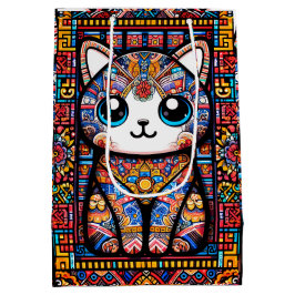 可愛い猫伝統的柄チャーム ミディアムペーパーバッグ