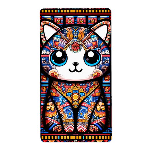 可愛い猫伝統的柄チャーム ラベル (正面)