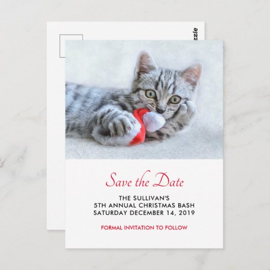 可愛い猫噛み赤いサンタ帽子クリスマスがデートを守る ポストカード (正面/裏面)