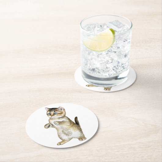 可愛い猫好きおもしろいキッテンウォーターカラーグレー虎猫 ラウンドペーパーコースター (インサイチュ)