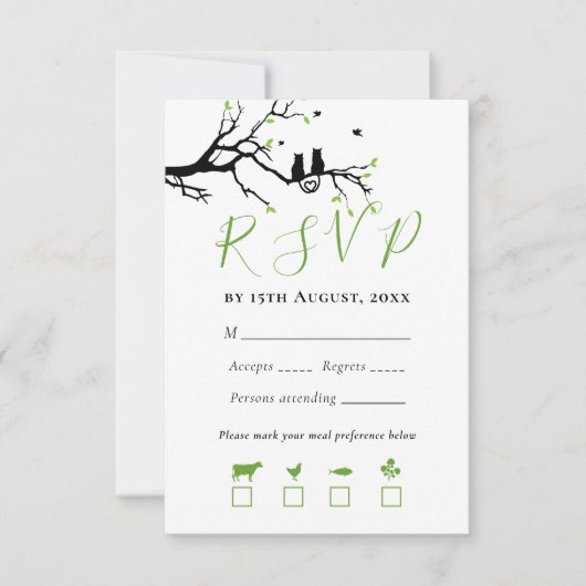 可愛い猫好き黒木ハート結婚鳥 出欠カード (正面)