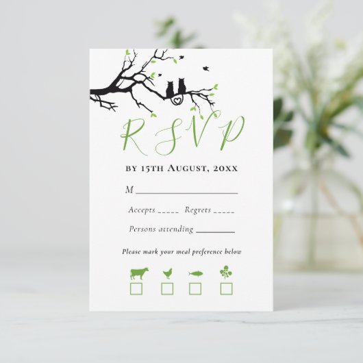 可愛い猫好き黒木ハート結婚鳥 出欠カード (スタンド正面)