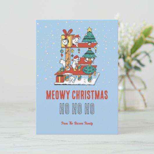 可愛い猫子猫ツリー雪の冬のミオウィクリスマス シーズンカード (スタンド正面)