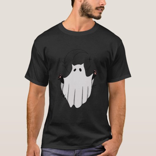 可愛い猫幽霊三日月おもしろい黒猫ハロ Tシャツ (正面)
