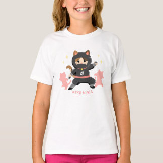 可愛い猫忍者 日本 ピンク Cat Ninja from Japan Pink Tシャツ