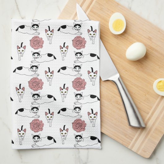 可愛い猫柄 キッチンタオル (四つ折り)