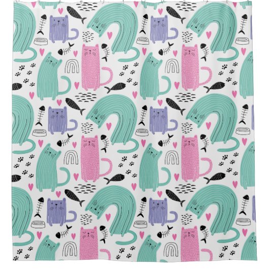 可愛い猫柄 シャワーカーテン (正面)