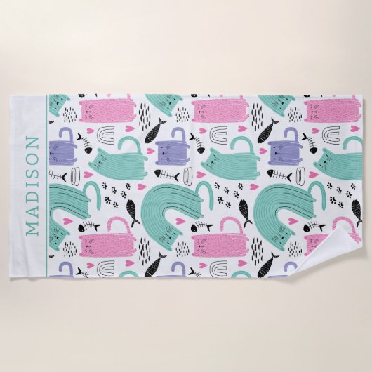 可愛い猫柄 ビーチタオル (正面)