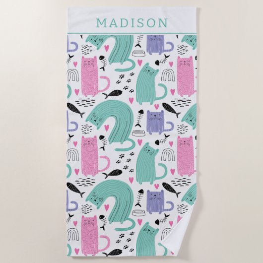 可愛い猫柄 ビーチタオル (正面)