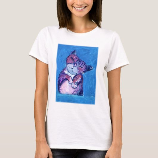 可愛い猫絵画の青 Tシャツ (正面)