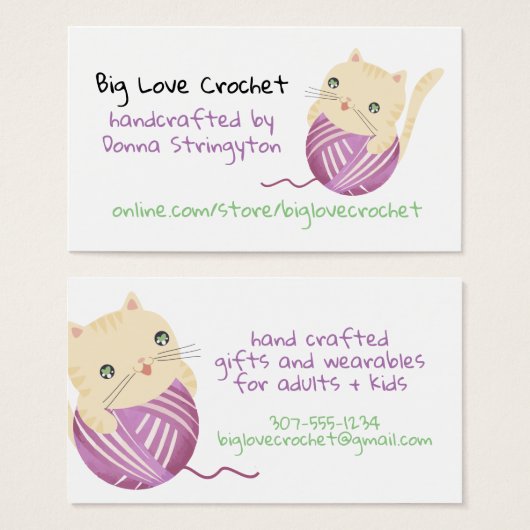 可愛い猫編み物かぎ針編みホームズプンビジネスカード (正面&裏面)