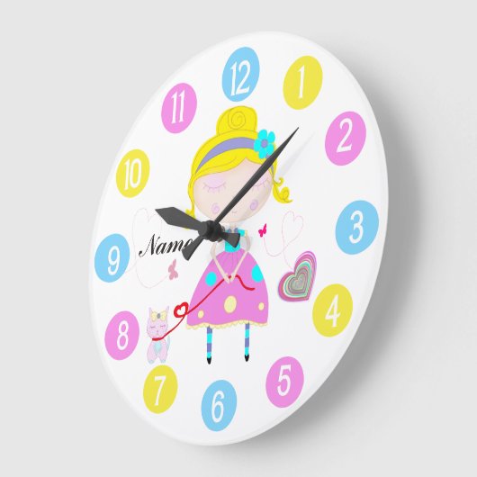 可愛い猫色の数々の小さな女の子 ラージ壁時計 (傾斜)