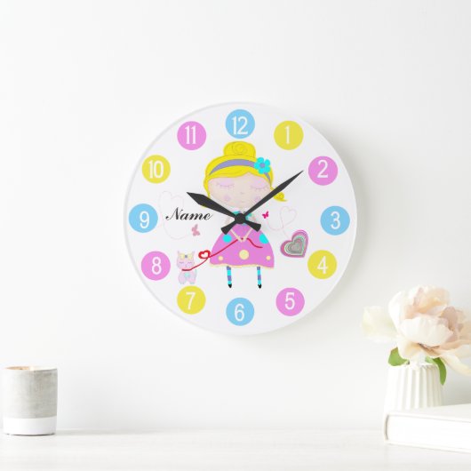 可愛い猫色の数々の小さな女の子 ラージ壁時計 (ホーム)