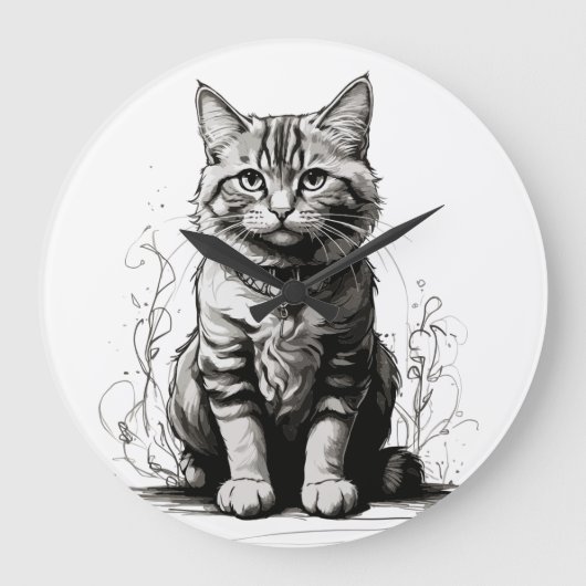 可愛い猫鉛筆スケッチ ラージ壁時計 (正面)
