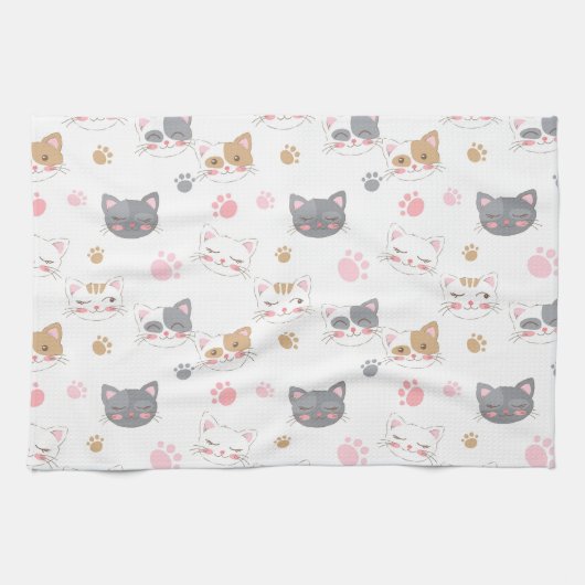 可愛い猫顔の笑顔の猫パターン キッチンタオル (横)