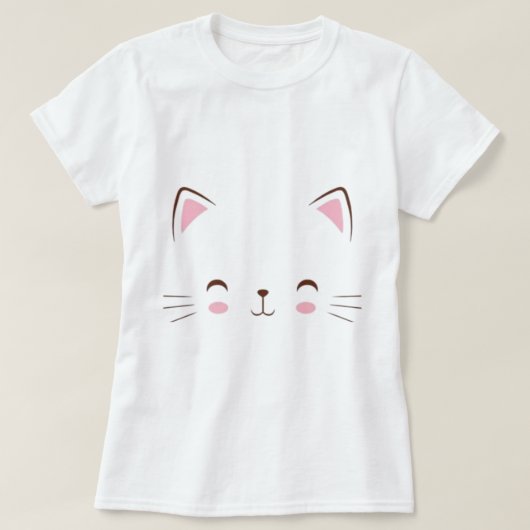 可愛い猫顔ホワイトTシャツカジュアル-ファッション Tシャツ (デザイン正面)