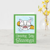 可愛い猫顔野球オープニングデイ幸運 カード (黄色い花)