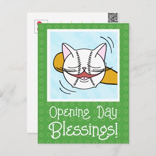 可愛い猫顔野球オープニングデイ幸運 ポストカード (正面/裏面)