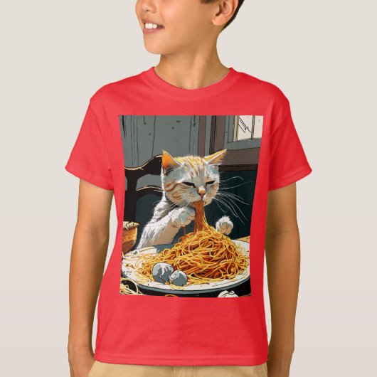 可愛い猫食いスパゲッティ Tシャツ (正面)