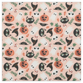 可愛い猫&カボチャ赤面ブラックハロウィーンパターン ファブリック