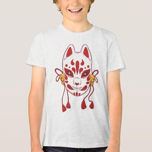 可愛い猫 – 赤伝統的日本のキツネマスク トライブレンドＴシャツ (正面)