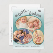 可愛い王ベビーツインフォトティール（緑がかった色）誕生のお知らせ 案内ポストカード (正面/裏面)