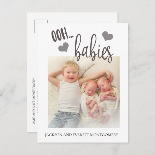 可愛い王ベビー双子の写真誕生のお知らせ 案内ポストカード (正面/裏面)