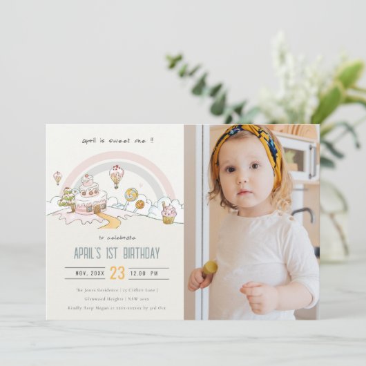 可愛い甘いワンキャンディランド写真第1誕生日 招待状 (スタンド正面)
