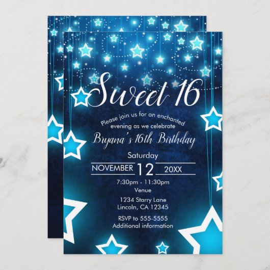 可愛い甘い16カスタム招待状と星灯 招待状 (正面/裏面)