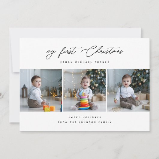 可愛い生まれたばかりのベビーの初めてのクリスマス3写真 シーズンカード (正面)