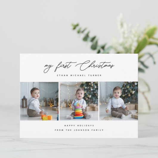 可愛い生まれたばかりのベビーの初めてのクリスマス3写真 シーズンカード (スタンド正面)