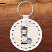 可愛い田舎の女の子+ブルーベリーで満たされたバケツ キーホルダー (正面)