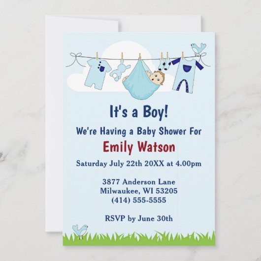 可愛い男の子のクロースラインboho赤ちゃんシャワー 招待状 (正面)