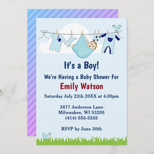 可愛い男の子のクロースラインboho赤ちゃんシャワー 招待状 (正面/裏面)