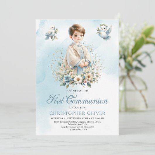 可愛い男の子の青い白い花が最初の聖餐式 招待状 (スタンド正面)