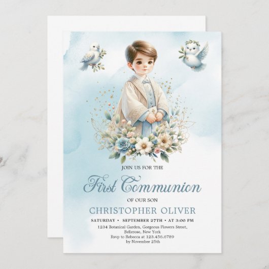 可愛い男の子の青い白い花が最初の聖餐式 招待状 (正面/裏面)
